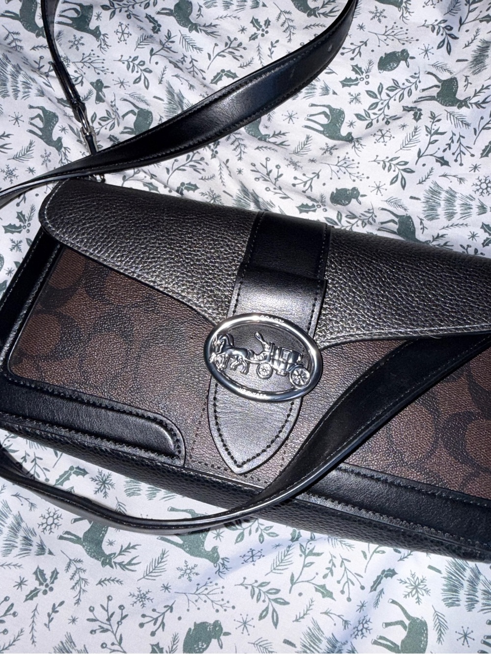 Coach Georgie Signature Canvas Crossbody with Black & Brown Leather Trim